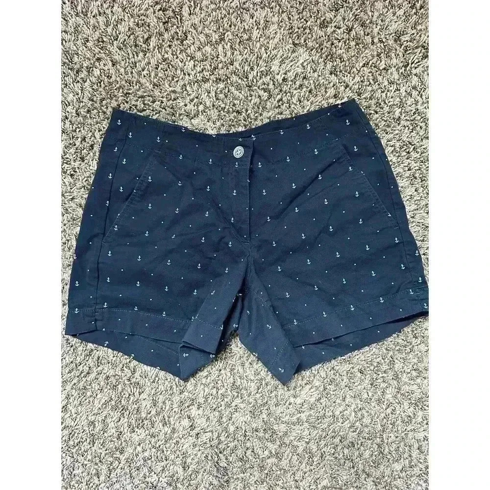 Nautica Bermuda Shorts Women’s Size 6 Navy Blue White Anchor Print Flat Front